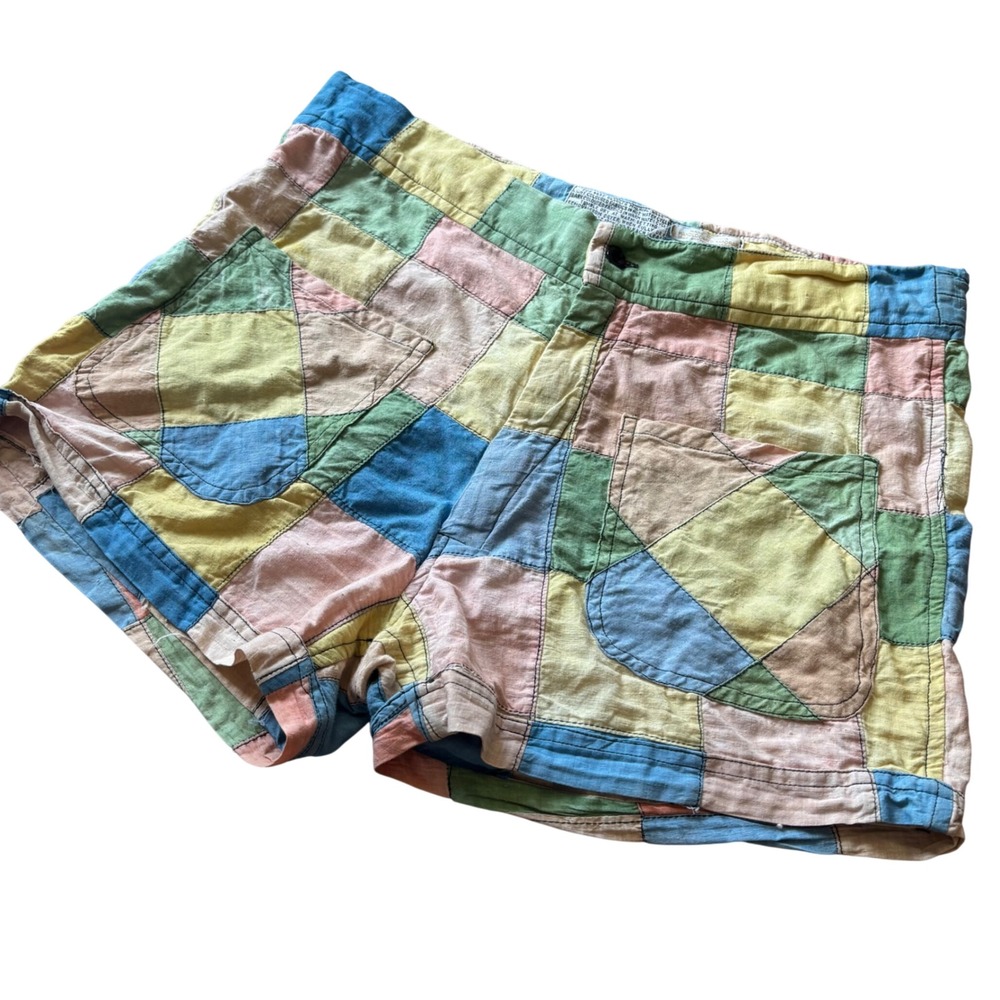 Vintage Handloomed Madras Patchwork Cotton Shorts Multi Color Pastel Boho Small